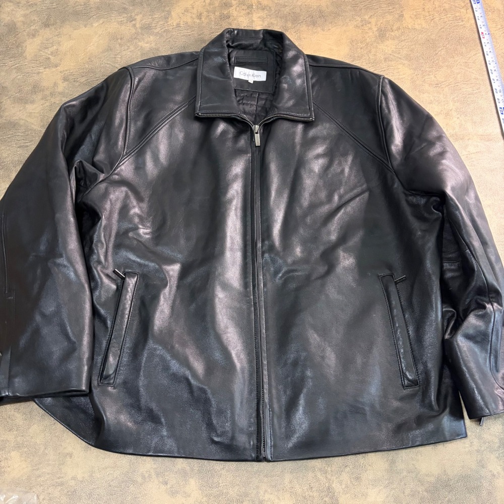 Calvin Klein Leather Jacket Mens XXL Black Full Zip Quilted Lined Outerwear FLAW